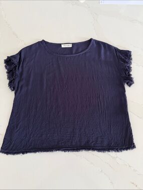 Bella Dahl Navy Blue Frayed Fringe Rayon Short Sleeve Top